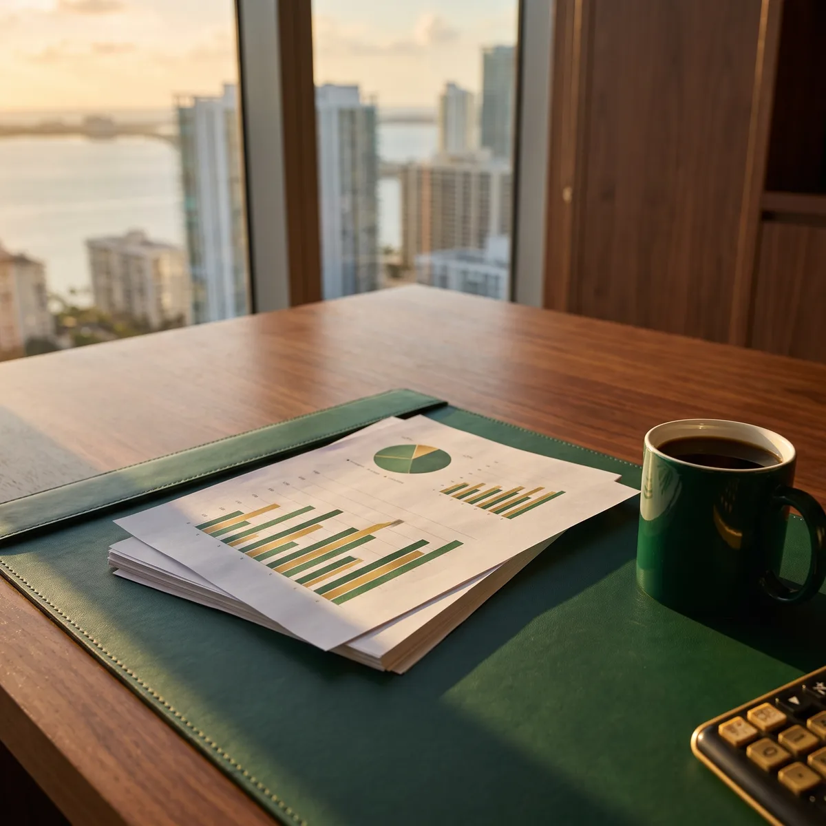 Bookkeeping reports with green and gold charts and a desk calculator