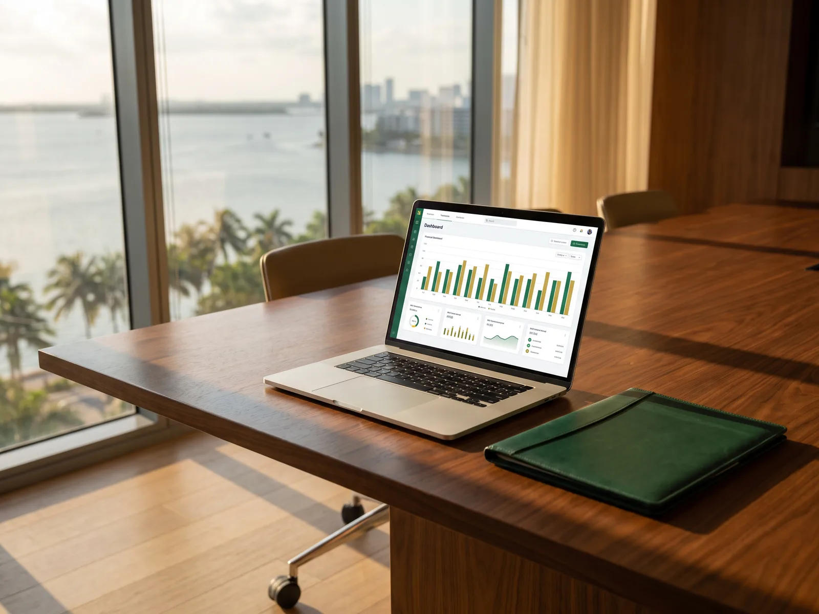 Laptop with a green and gold financial dashboard next to a folder on the boardroom table