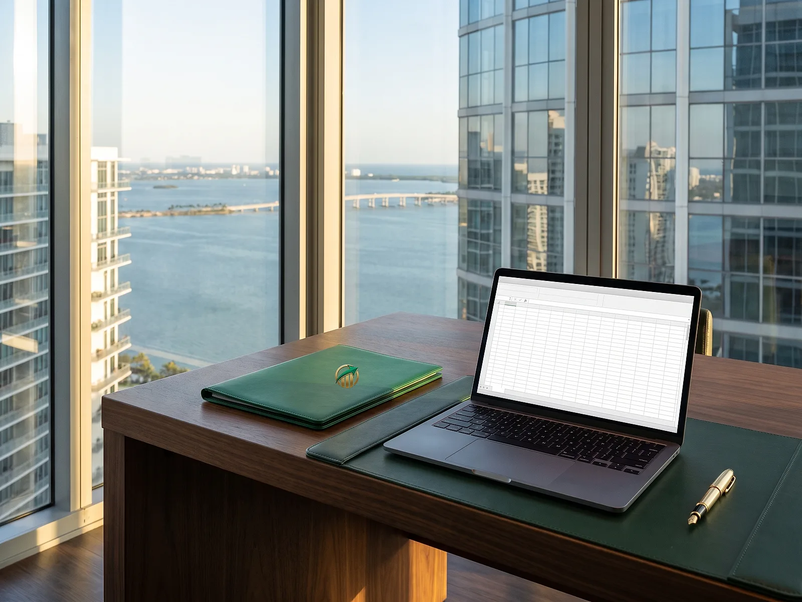 Office desk with a laptop showing a spreadsheet and the emerald tax folder beside it, Miami bay in the background