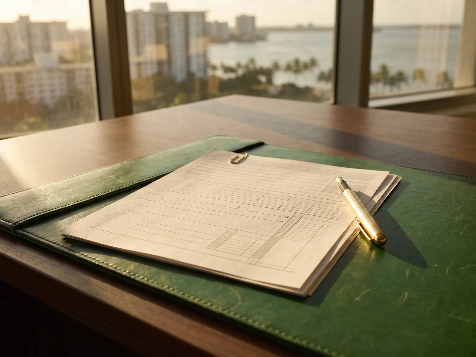 Blank 1040 forms with a gold fountain pen and clip on the green desk pad
